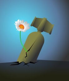Prevent nuclear war. Beautiful flower growing through broken atomic weapon against blue gradient background, illustration