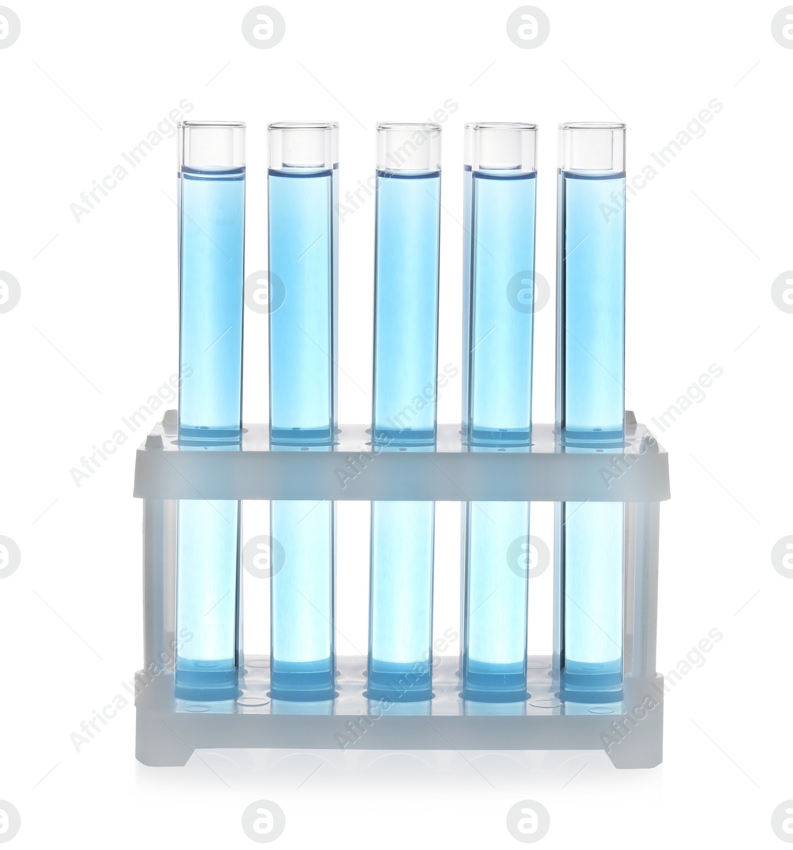 Photo of Test tubes with light blue liquid in rack isolated on white