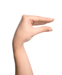 Photo of Woman showing word no on white background, closeup. Sign language
