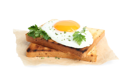 Photo of Tasty fried egg with toasts and parsley isolated on white