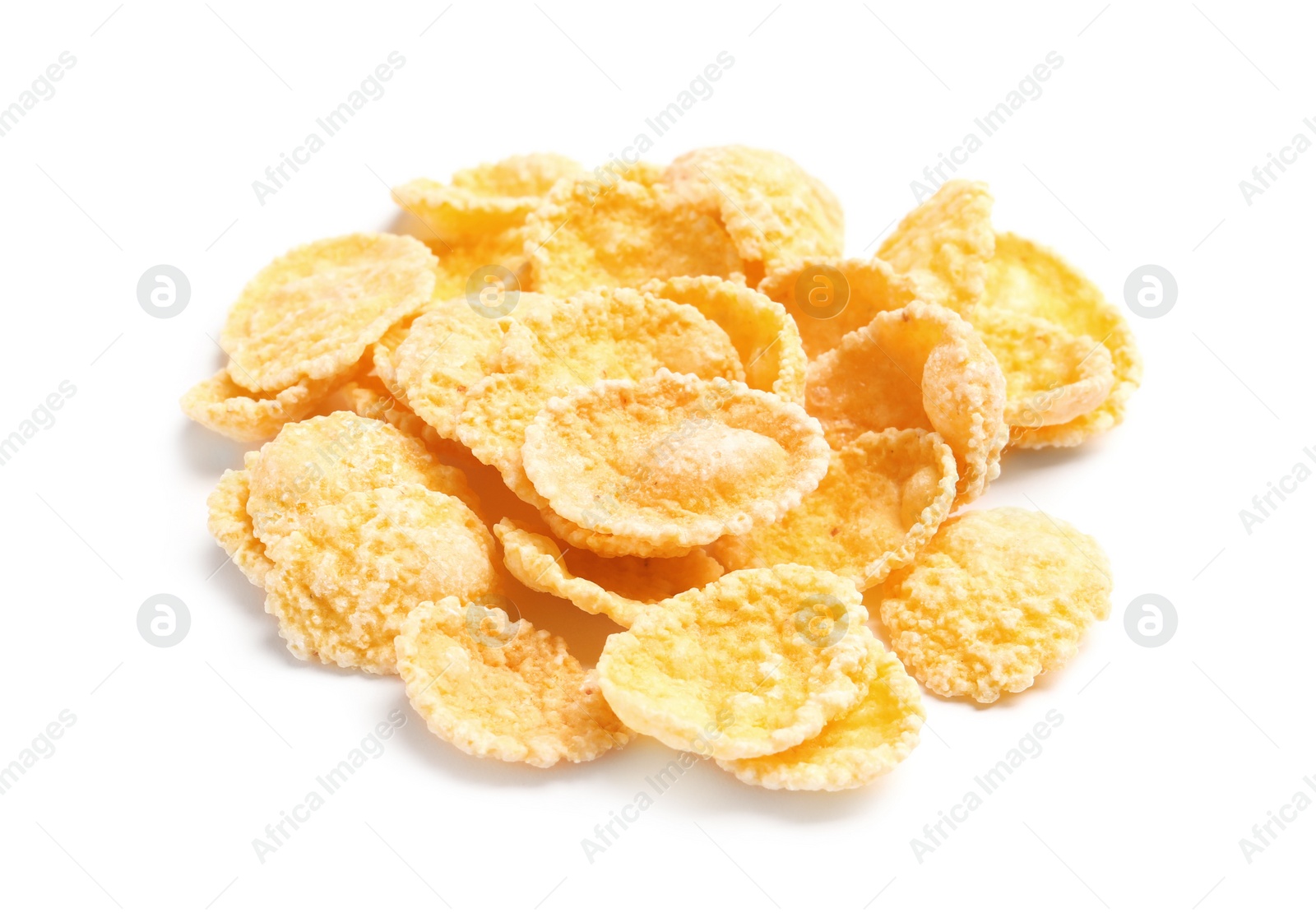 Photo of Crispy cornflakes on white background. Healthy breakfast