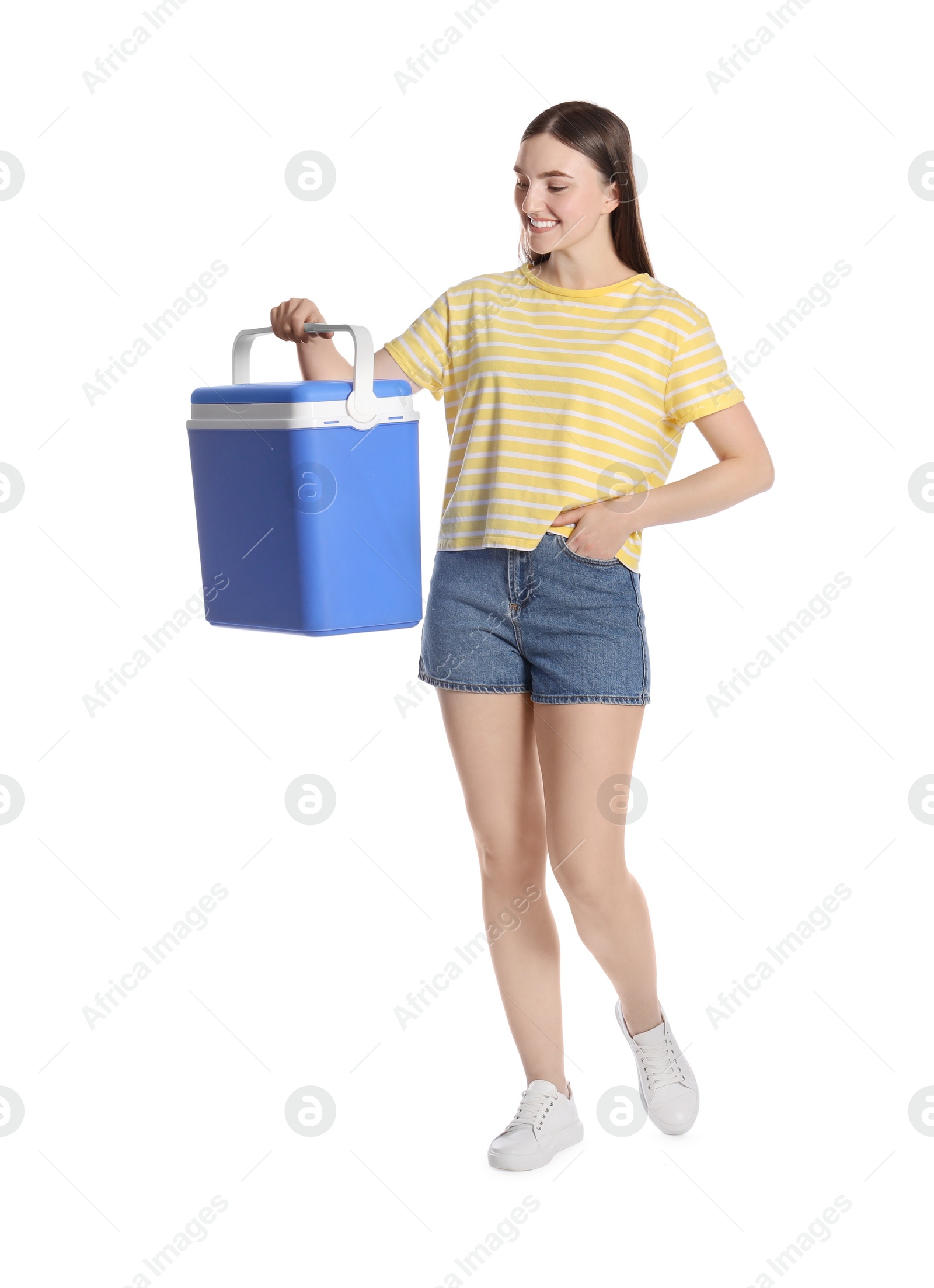 Photo of Happy young woman with plastic cool box isolated on white