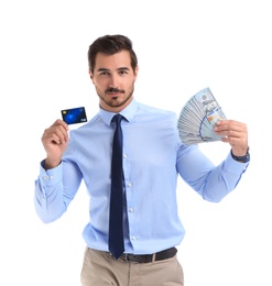 Photo of Handsome businessman with dollars and credit card on white background