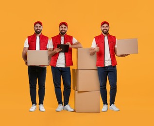 Delivery service. Happy courier with cardboard boxes on orange background, collage of photos