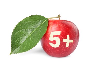 Image of Red apple with carved number five and plus symbol as school grade on white background