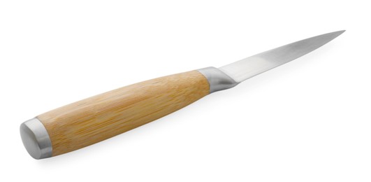 Photo of One sharp knife with wooden handle isolated on white