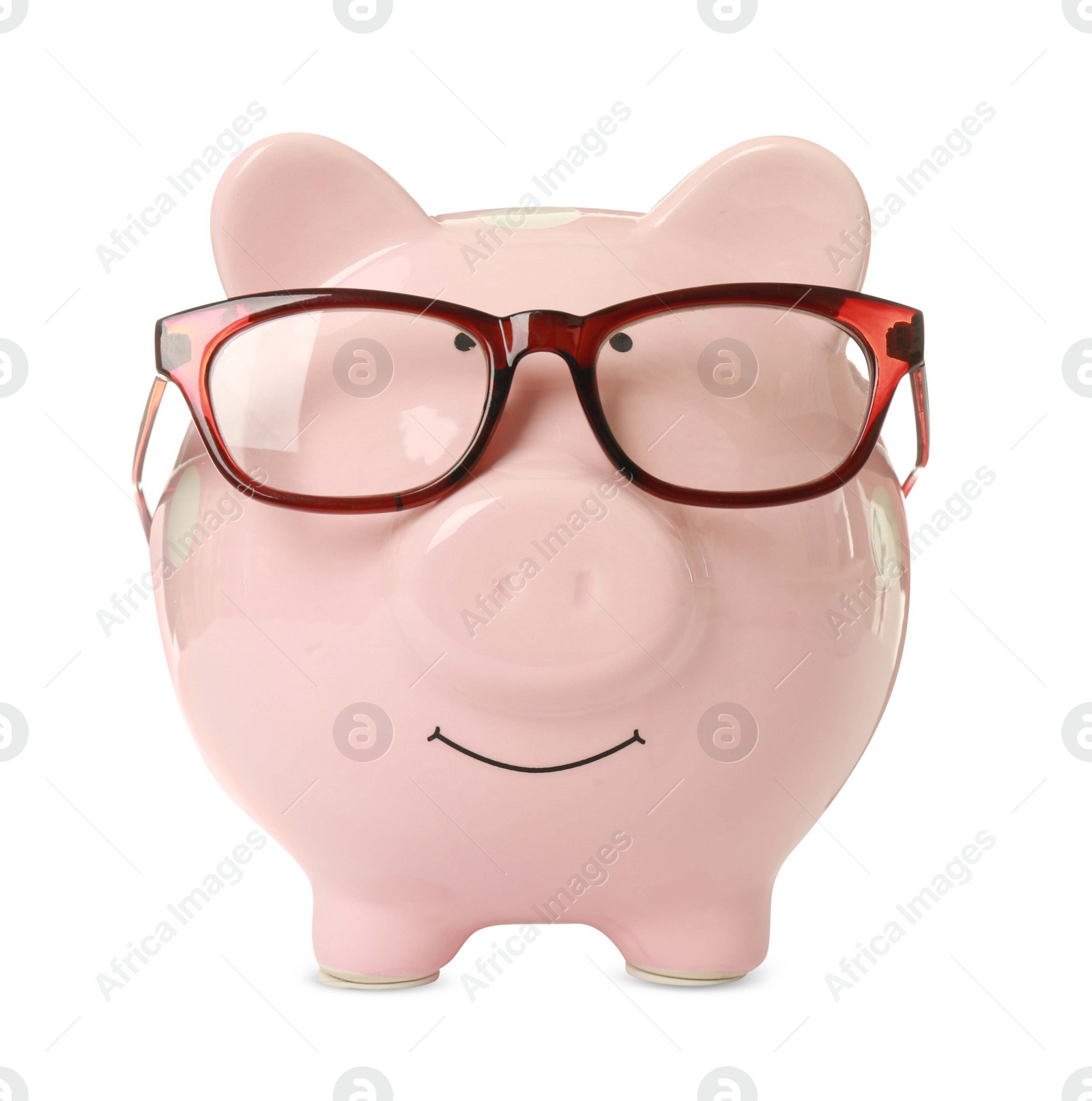 Photo of Piggy bank with glasses isolated on white