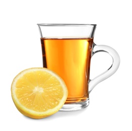 Cup of tea and lemon on white background