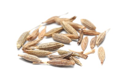 Photo of Heap of aromatic caraway (Persian cumin) seeds isolated on white