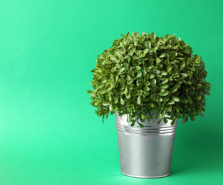 Photo of Beautiful artificial plant in flower pot on green background