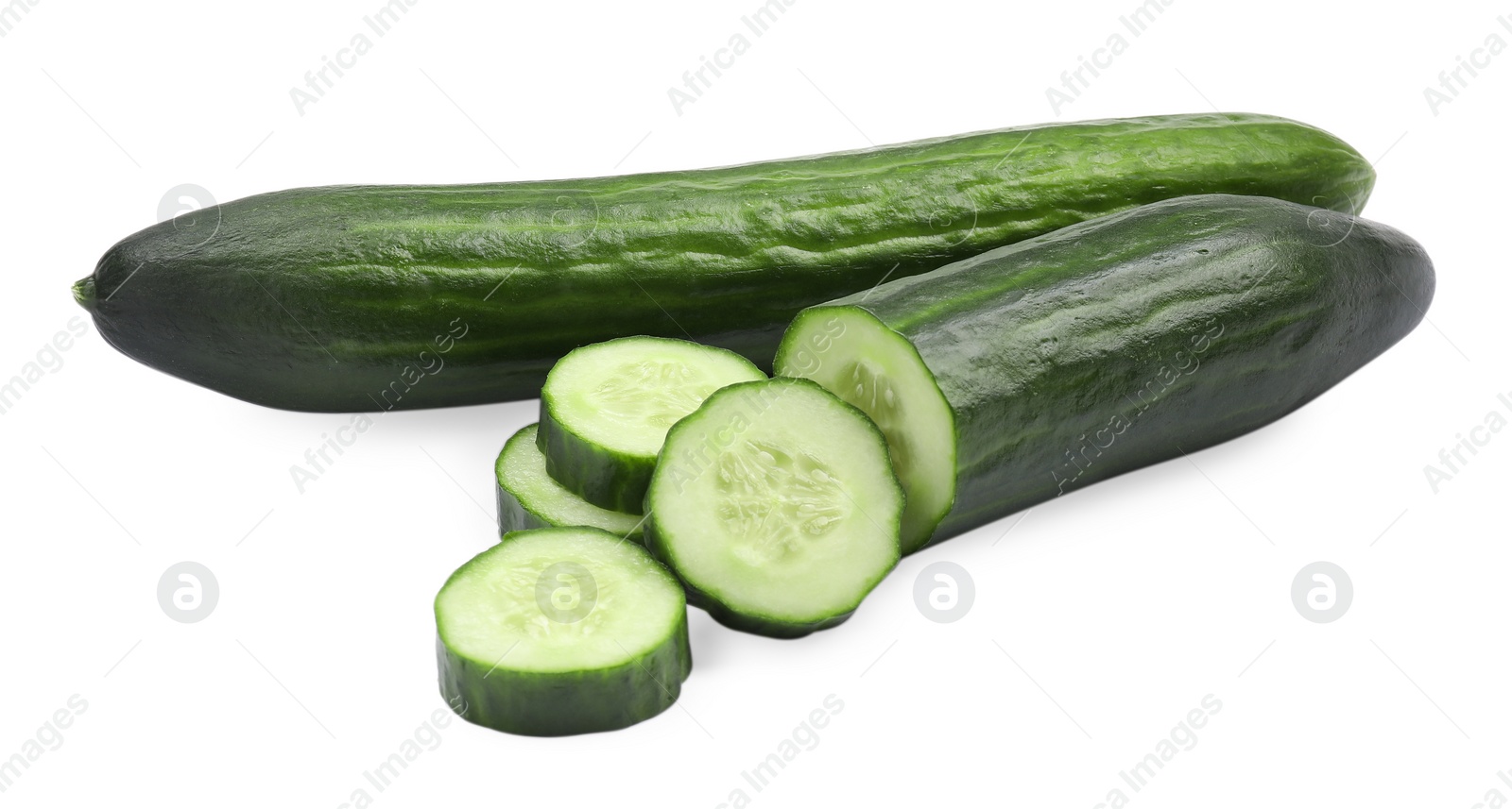 Photo of Whole and cut long cucumbers isolated on white