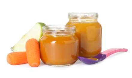 Photo of Tasty baby food in jars, fresh carrots and apple isolated on white