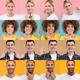 Image of People with showing white teeth on different color backgrounds, collage of photos