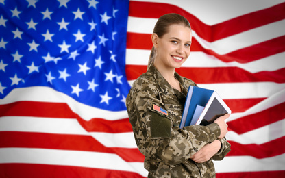 Image of Female soldier with books and American flag on background. Military service