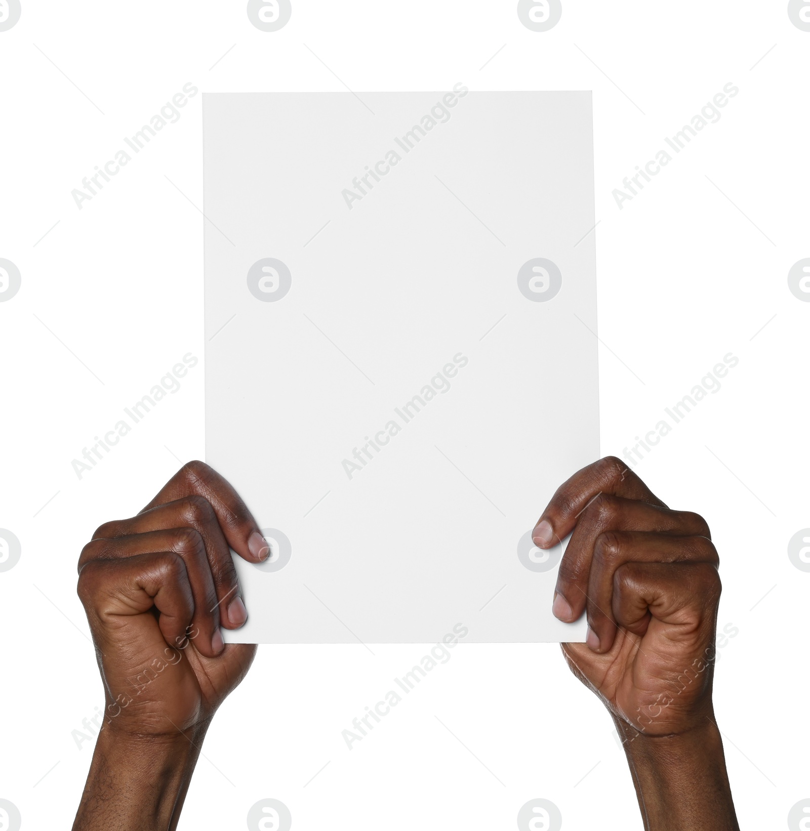 Photo of African American man holding sheet of paper on white background, closeup. Mockup for design