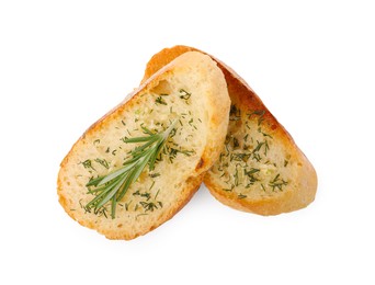 Photo of Pieces of tasty baguette with rosemary and dill isolated on white, top view