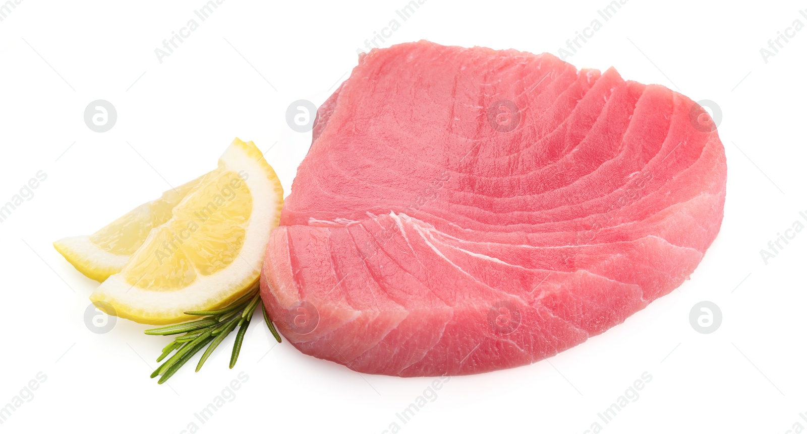 Photo of Fresh raw tuna fillet with lemon slices and rosemary on white background