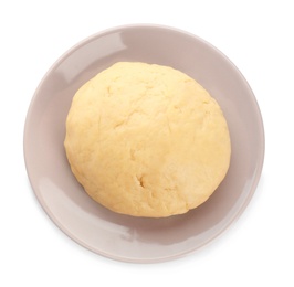 Photo of Plate with raw dough on white background, top view