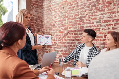 Photo of Businesswoman having meeting with her employees in office. Lady boss