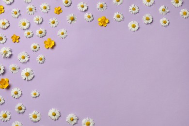 Photo of Many beautiful flowers on lilac background, flat lay. Space for text