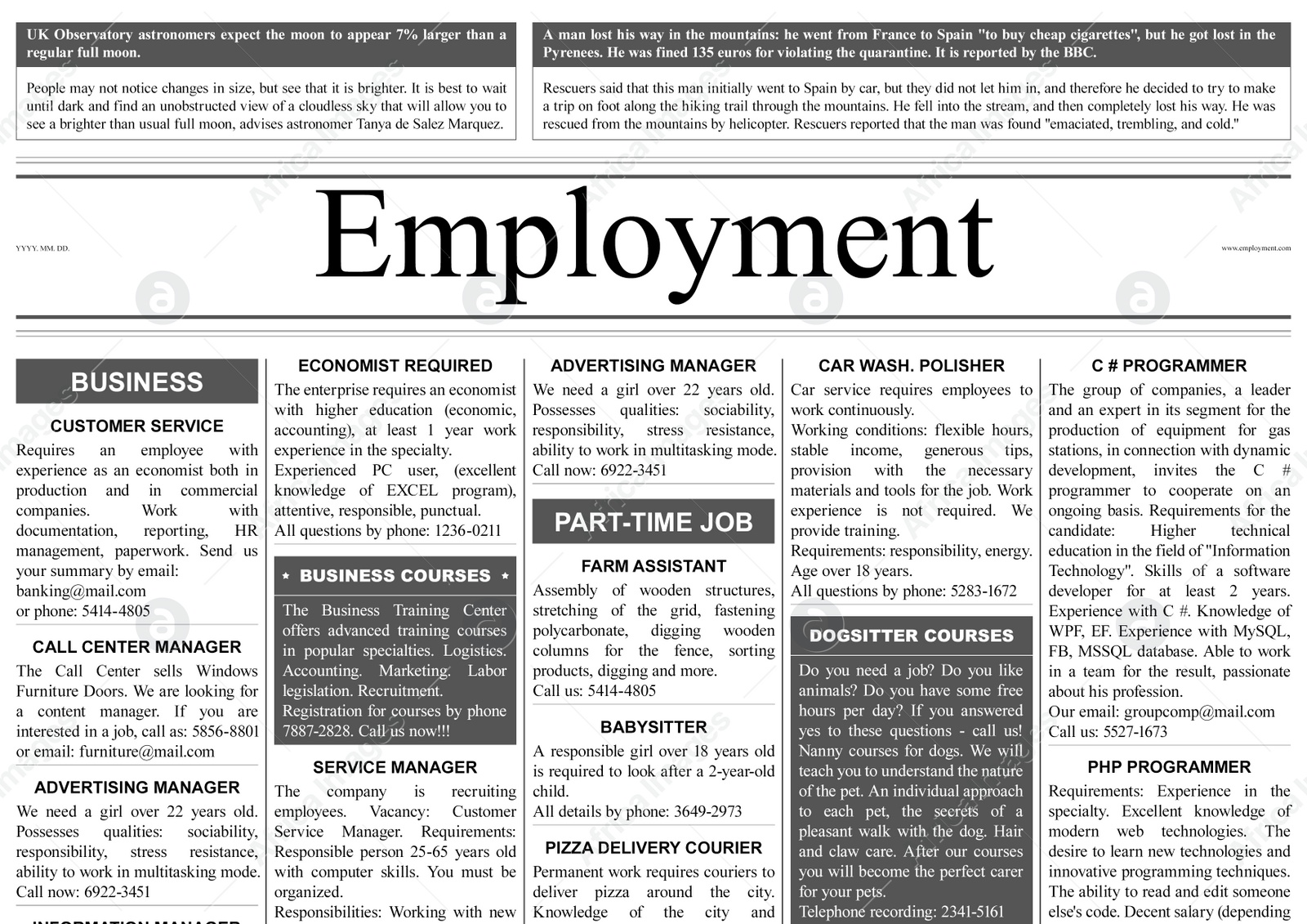 Illustration of Job search concept. Newspaper full of advertisements