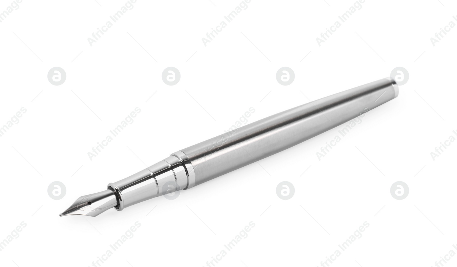 Photo of Stylish silver fountain pen isolated on white