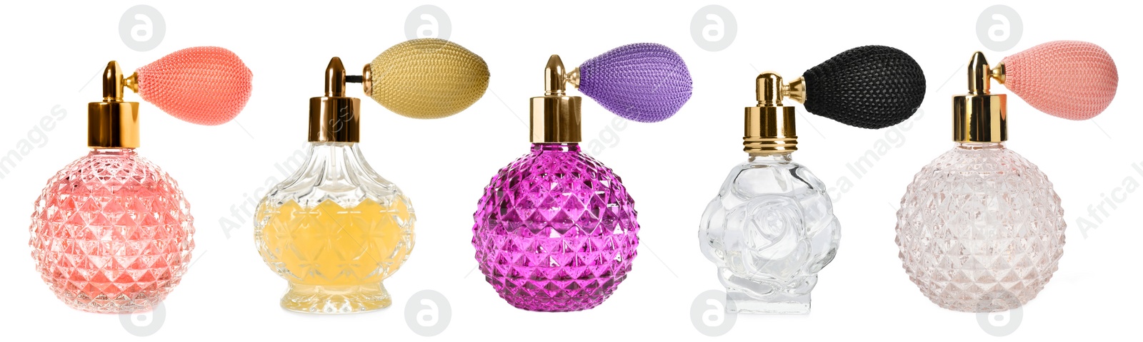 Image of Set with different bottles of luxury perfume on white background. Banner design