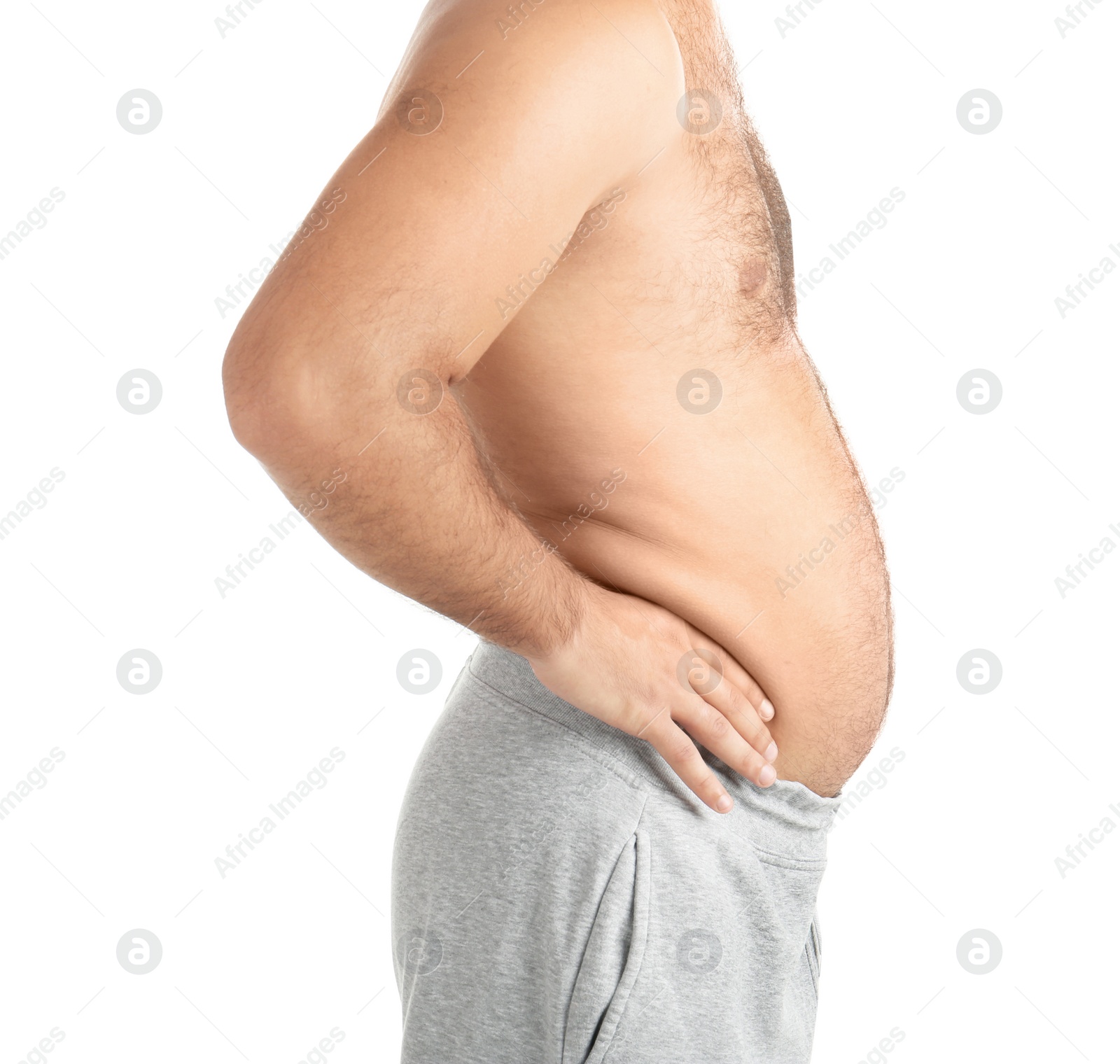 Photo of Overweight man on white background, closeup view