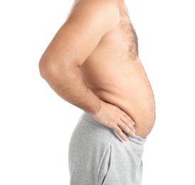 Photo of Overweight man on white background, closeup view