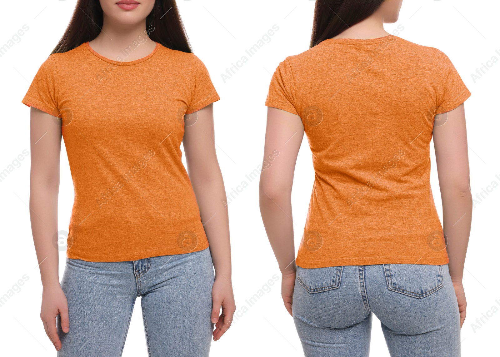 Image of Collage with photos of woman in orange t-shirt on white background, closeup. Back and front views for mockup design