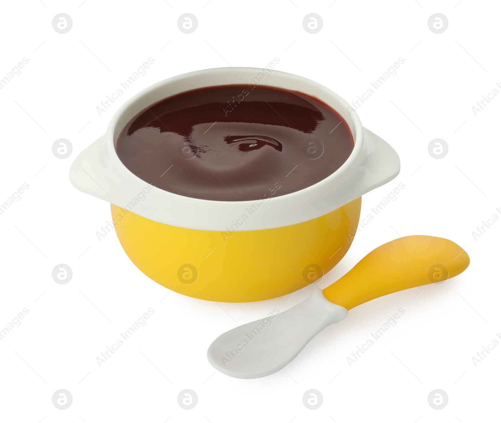 Photo of Bowl of tasty pureed baby food and spoon isolated on white