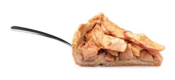Photo of Spatula with slice of delicious apple pie on white background