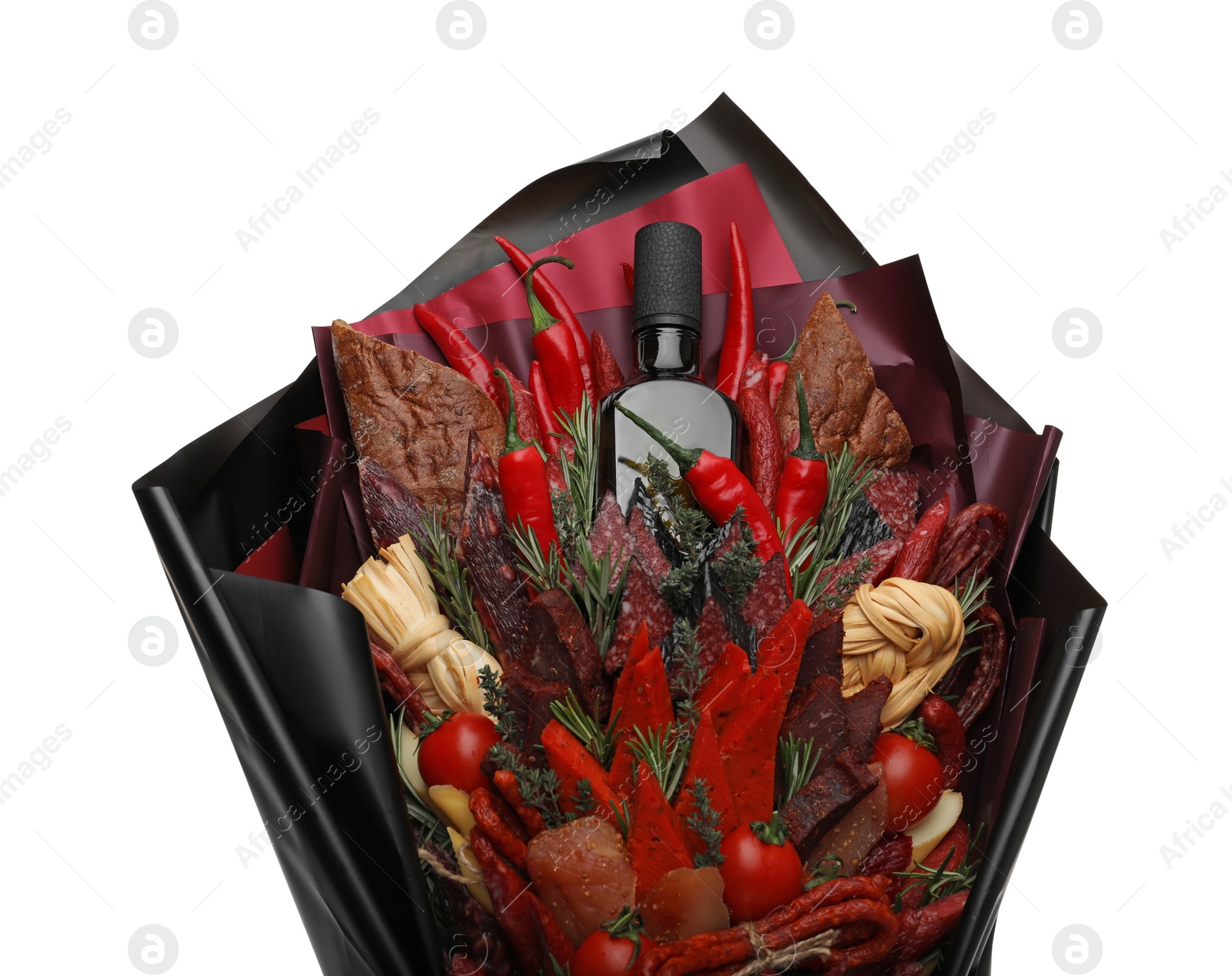 Photo of Beautiful edible bouquet with meat, cheese and vegetables isolated on white