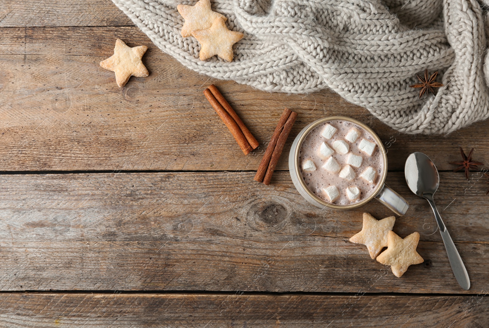 Photo of Composition with delicious hot cocoa drink and cookies on wooden background, flat lay