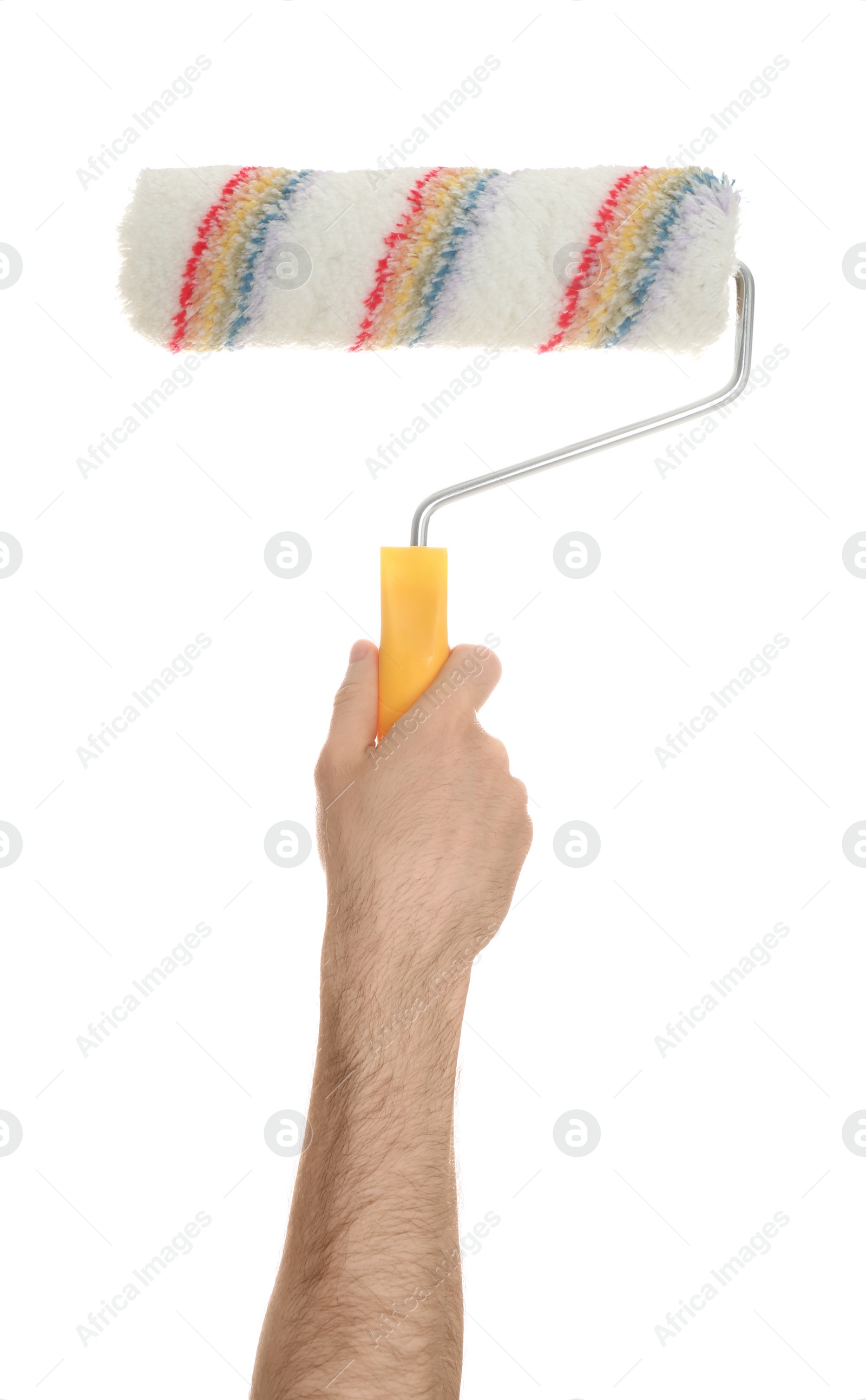 Photo of Man holding paint roller brush on white background, closeup