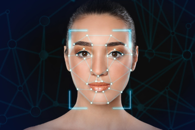 Image of Facial recognition system. Woman with scanner frame and digital biometric grid on dark background