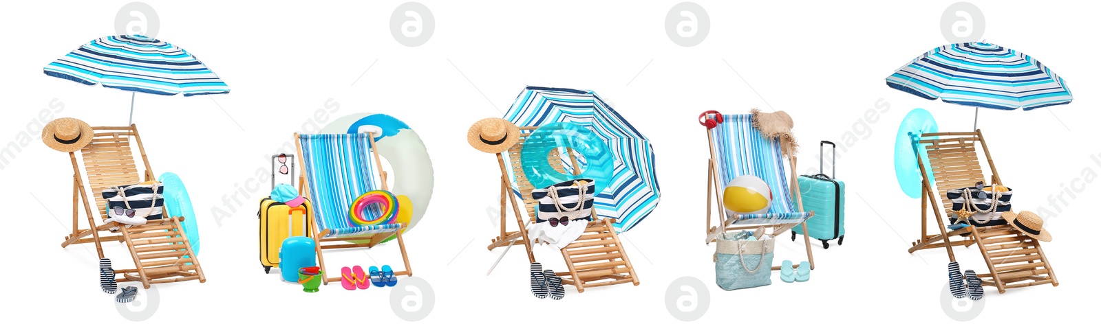 Image of Deck chairs with beach accessories isolated on white, set