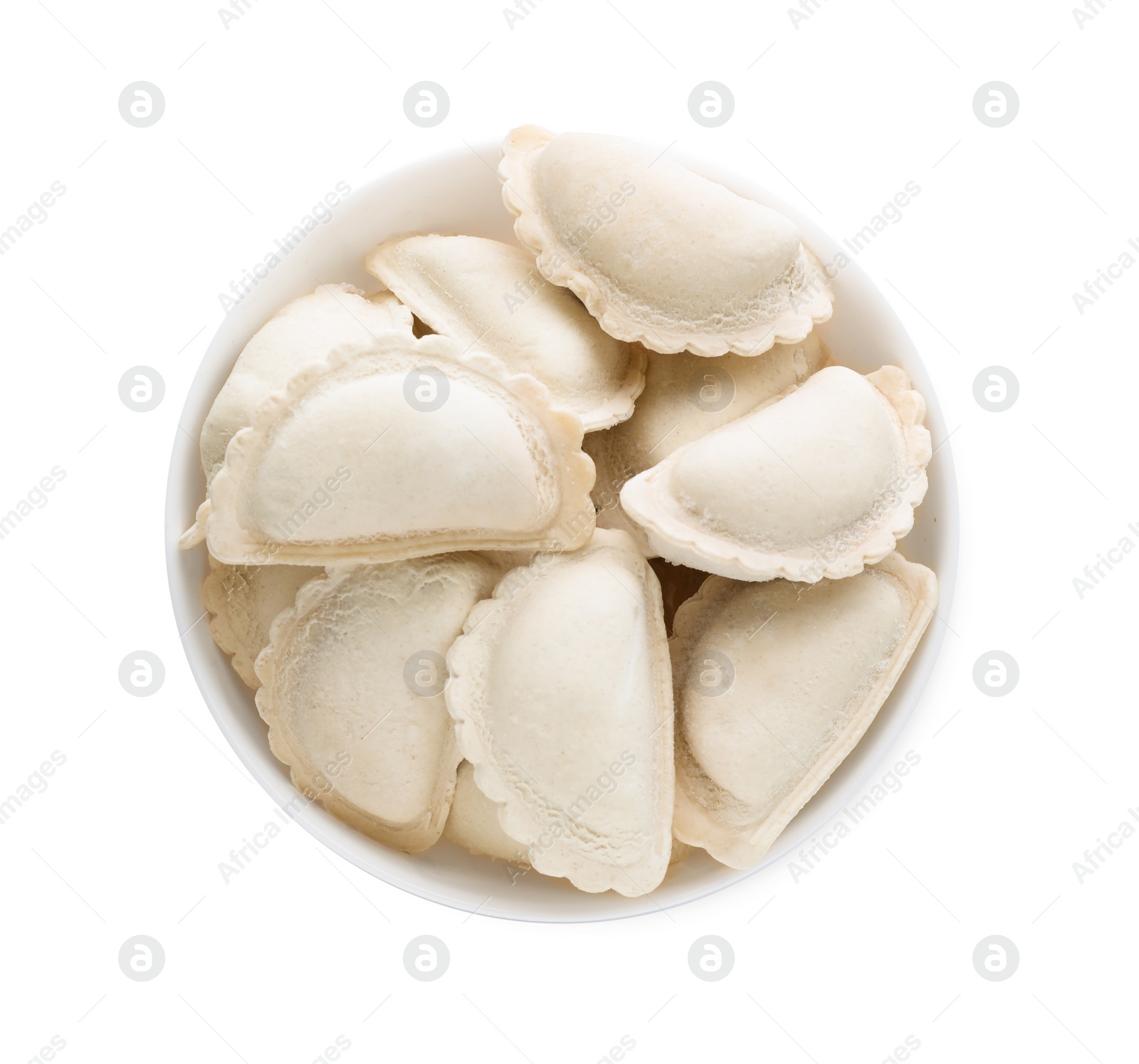 Photo of Raw dumplings (varenyky) on white background, top view