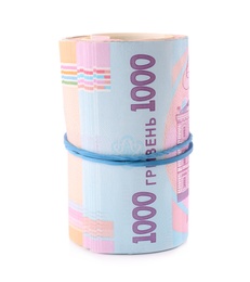 Roll of Ukrainian money on white background