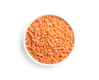 Bowl with red lentils on white background, top view. Natural food high in protein