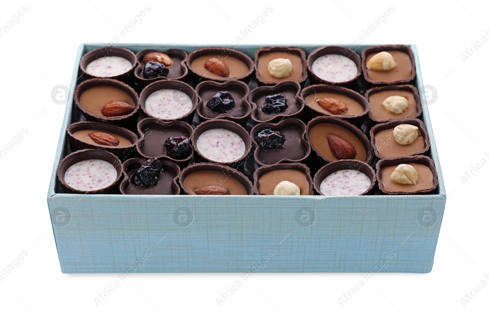 Photo of Box of delicious chocolate candies isolated on white