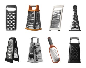 Image of Set with different graters on white background