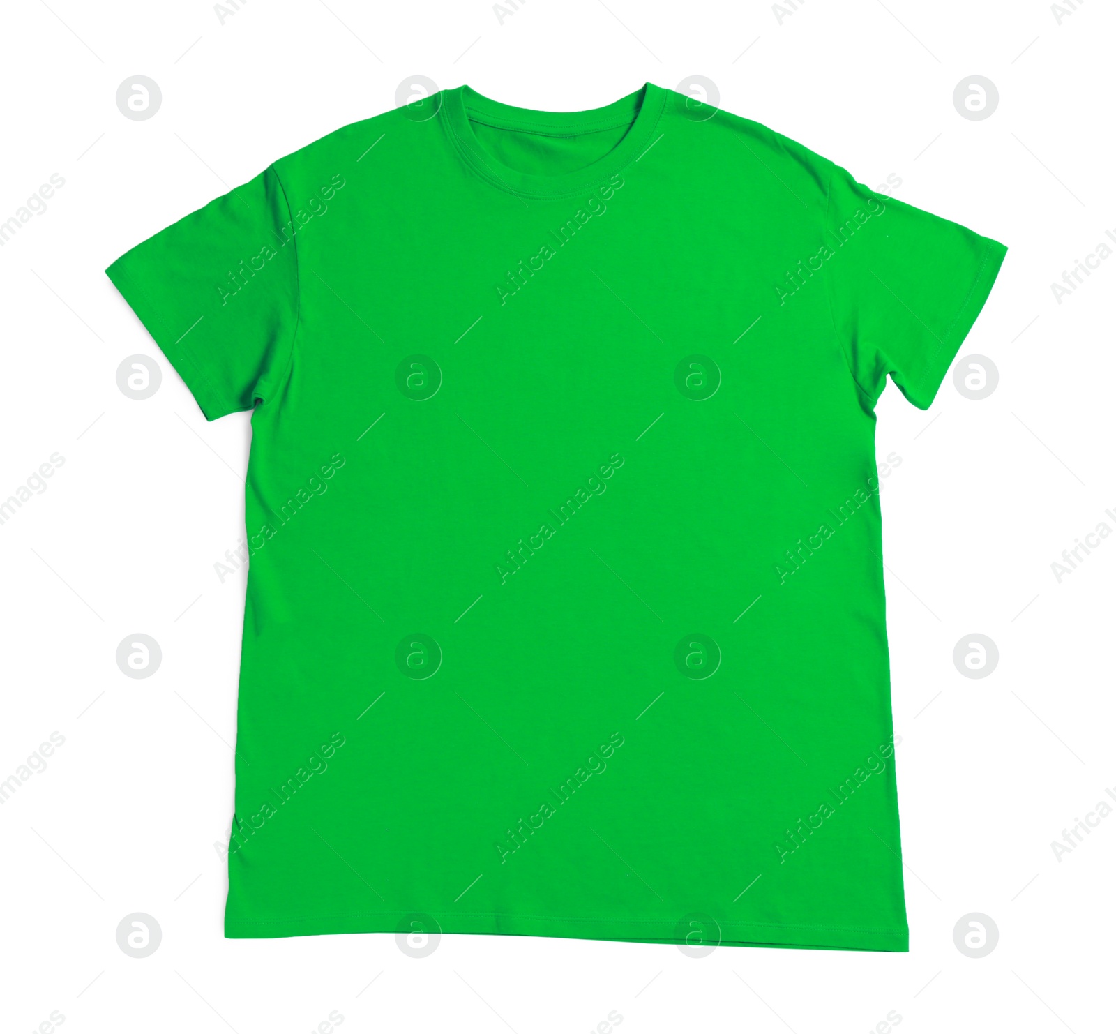Photo of Green t-shirt isolated on white, top view. Mockup for design