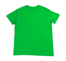 Photo of Green t-shirt isolated on white, top view. Mockup for design