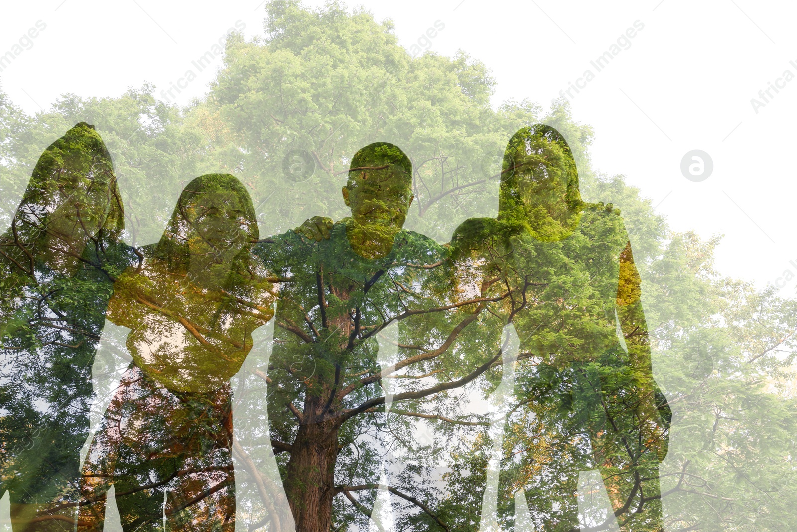 Image of Silhouettes of children and tree outdoors, double exposure