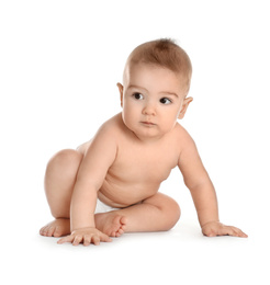 Photo of Cute little baby in diaper on white background