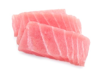 Tasty sashimi (pieces of fresh raw tuna) on white background