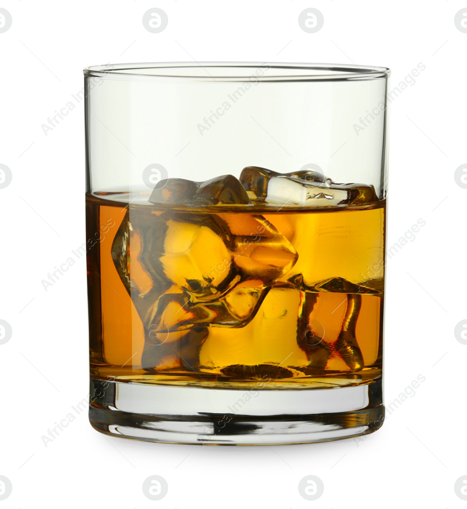 Photo of Whiskey and ice cubes in glass isolated on white