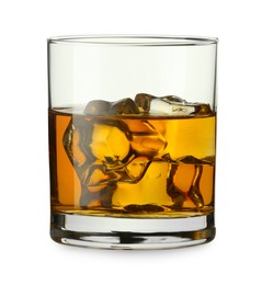 Whiskey and ice cubes in glass isolated on white