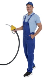 Photo of Gas station worker with fuel nozzle on white background